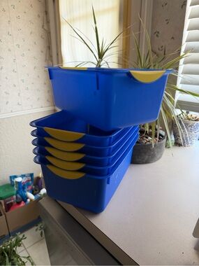Sterilite sturdy stackable Blue Storage Bins with Yellow Handles - Set of 6.